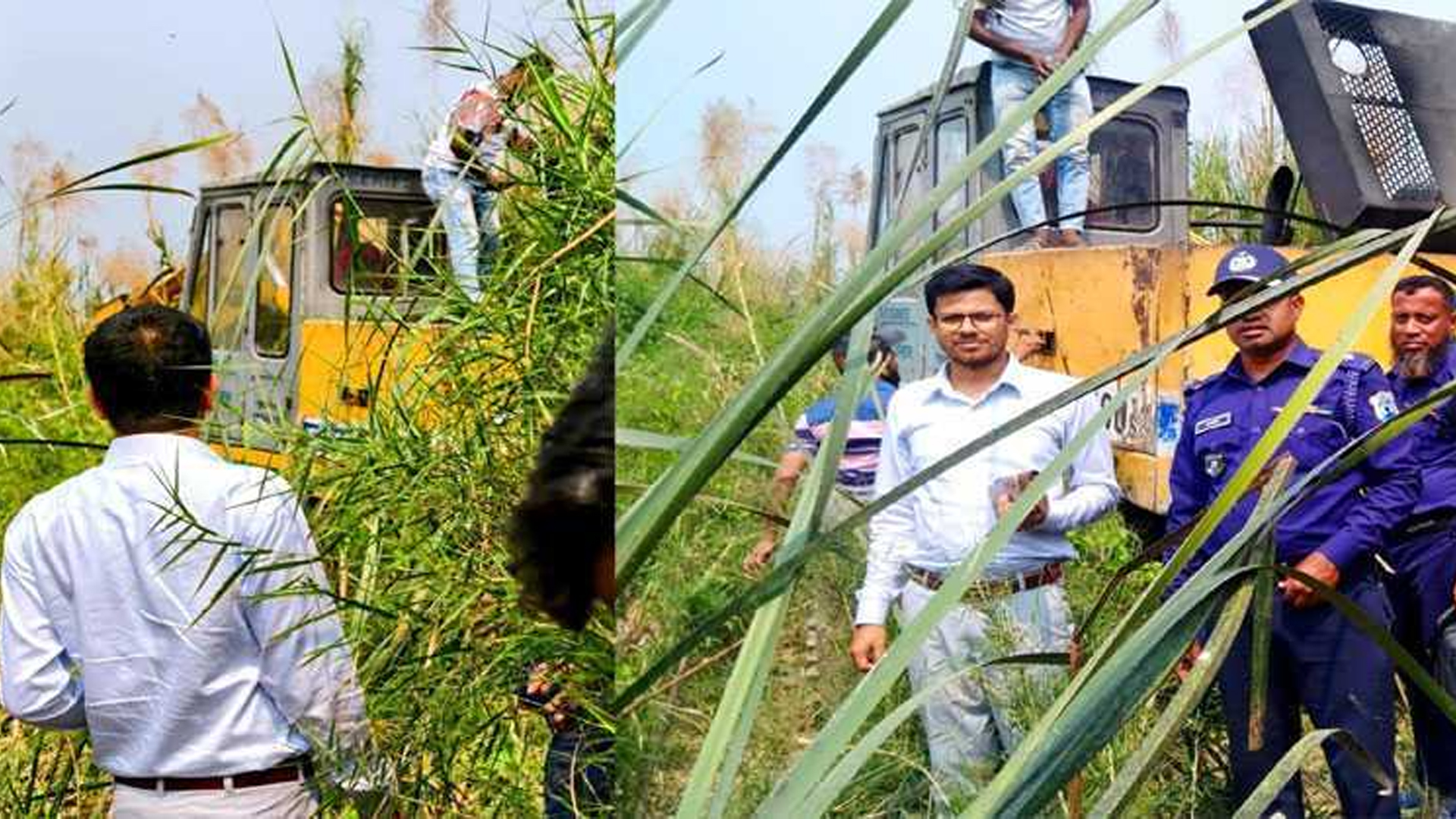 মেঘনার দুর্গমচর থেকে টপসয়েল কেটে ফেলার বিরুদ্ধে প্রশাসনের অভিযান।